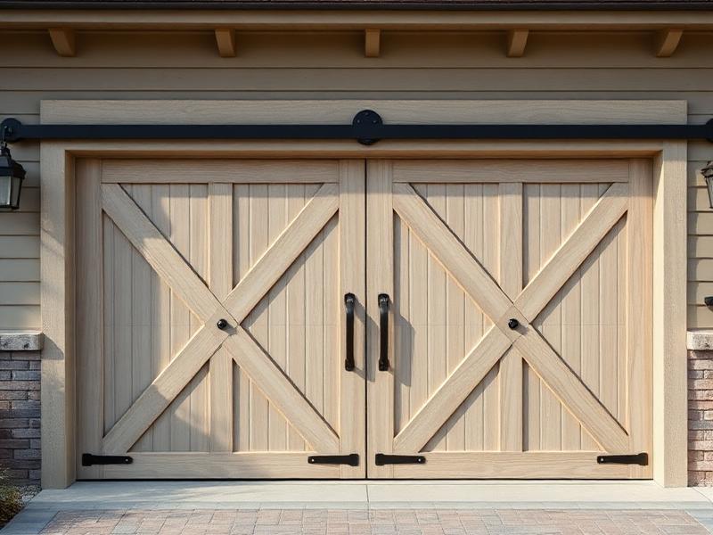 Farmhouse barn-style wooden garage doors with X-pattern close-up
