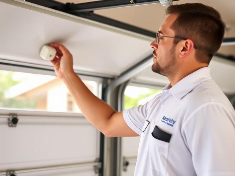 Professional garage door technician from Garage Door Stoneville testing safety features on a residential garage door